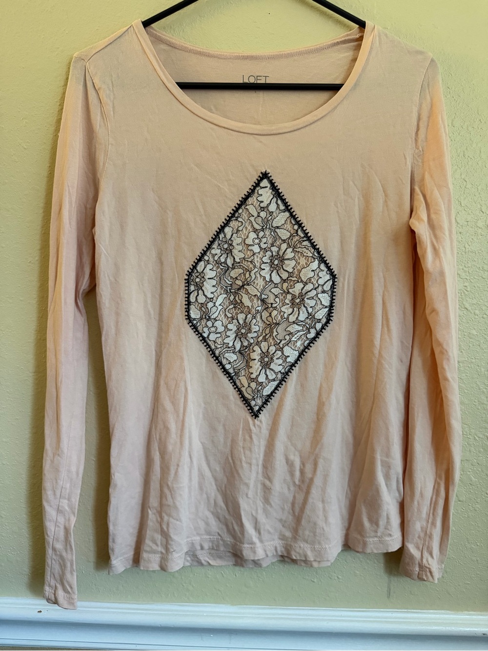 LOFT Light Pink Long-Sleeve Tee with Lace Diamond Inset